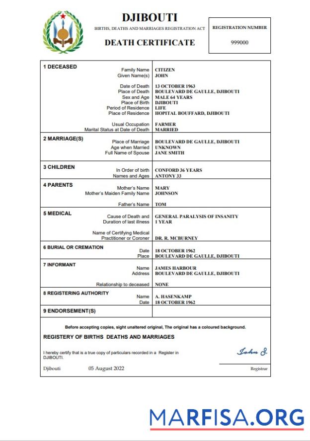 Printable Djibouti death certificate Word and PDF template